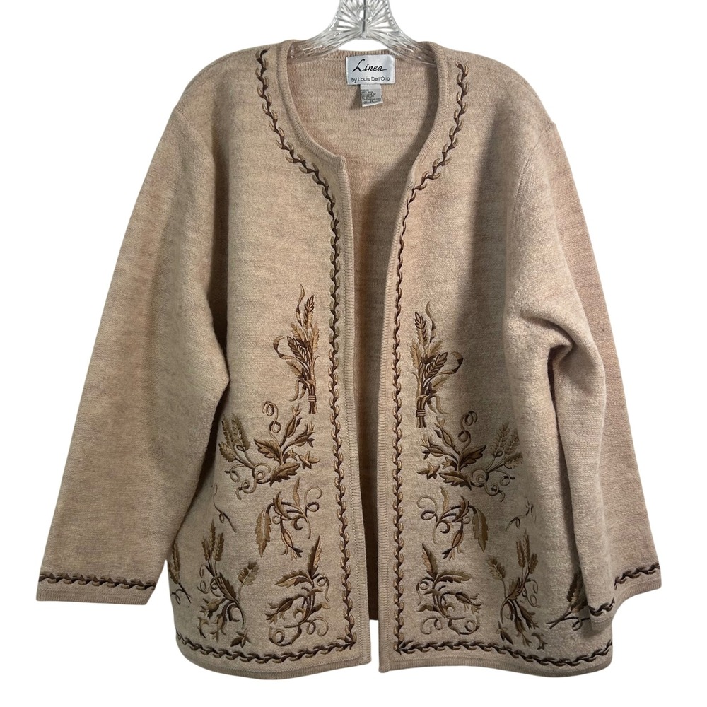 Vintage Linea Louis Dell'Olio Wool‎ Embroidered Open Front Cardigan Sweater 1X